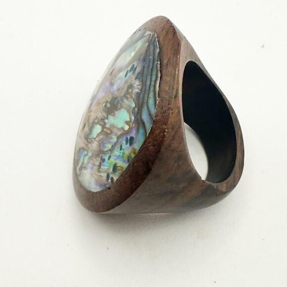 Wood Abalone Oversized Round Ring Chunky Retro Boho Bohemian Size 6.75 - Picture 2 of 11
